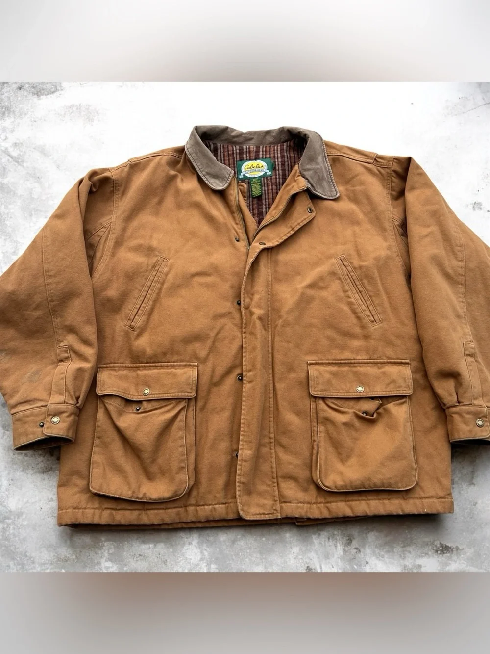 Cabelas Barn Field Jacket Men's 3XL Brown Canvas Plaid Lined Hunting Workwear